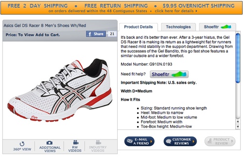 Runningwarehouse e-commerce product description on Runningwarehouse