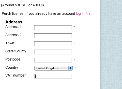 Adding and validating a VAT number Perch website account creation process