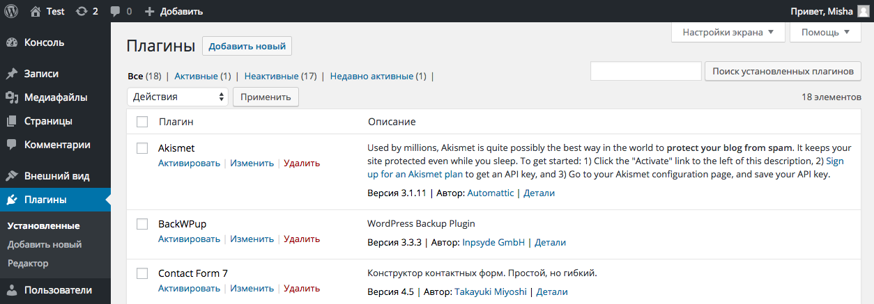 Плагины в админке WordPress Плагины в админке WordPress