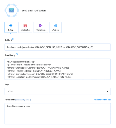 5-automating-website-deployments-through-buddy Tutorial step 5: Adding an Email action