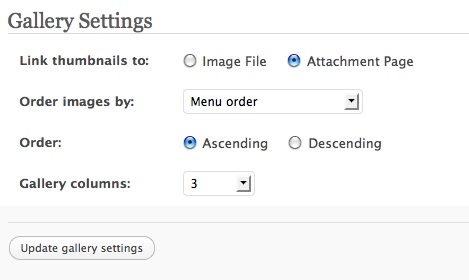 Gallery settings The settings pane for creating a gallery in WordPress