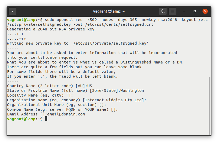 pressjitsu-generate-self-signed-ssl Enter all the required data in the console to finish generating the self-signed SSL certificate.