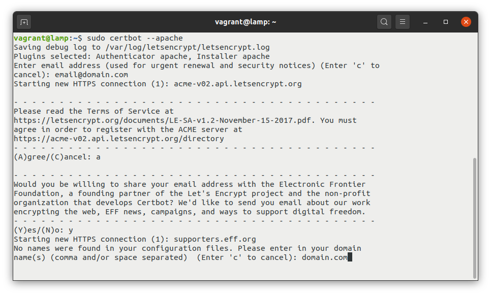 pressjitsu-ssl-certbot-console Installing Certbot and generating the Let's Encrypt SSL certificate.