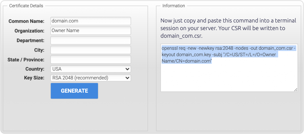 pressjitsu-wordpress-ssl-csr-generation-1024x454-1 pressjitsu WordPress SSL: OpenSSL CSR Creation form with the generated command output.