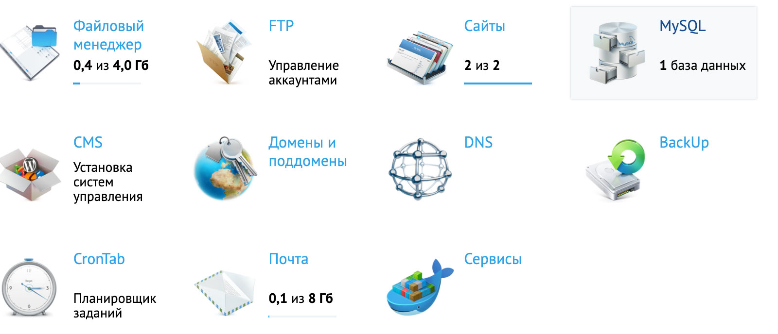 mysql-beget Страница с базами данных в панели управления хостингом