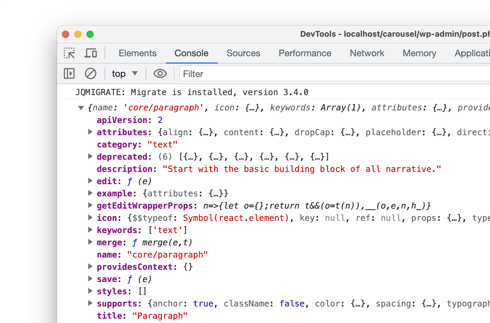 core-paragraph-block-data-in-console